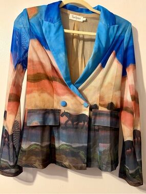 Taelynn Blue & Multicolor Mesh Aztec Printed Blazer Small - NWOT